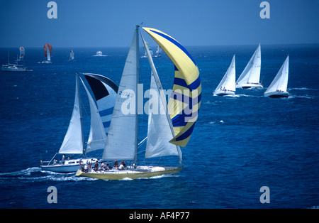 Disponibles avec des spinnakers remplis d'air et tourbillonnent course en mer dans la course annuelle Semaine Caraïbes Antigua Banque D'Images