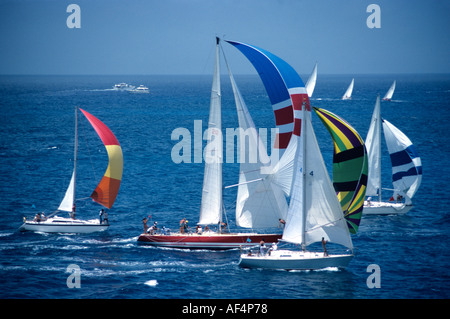 Disponibles avec des spinnakers remplis d'air et tourbillonnent course en mer dans la course annuelle Semaine Caraïbes Antigua Banque D'Images
