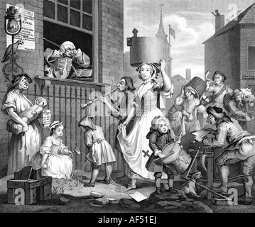 Le musicien enragé. Gravure après Hogarth. Banque D'Images