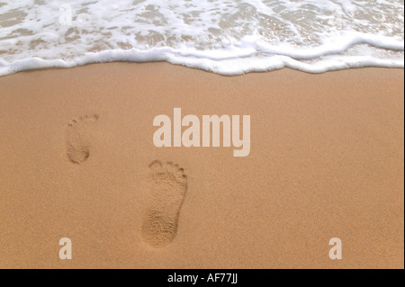 Empreintes de pas sur une plage de sable fin de disparaître dans la mer Banque D'Images