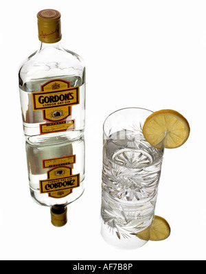 Bouteille de Gin avec du verre et citron sur une surface réfléchissante Banque D'Images