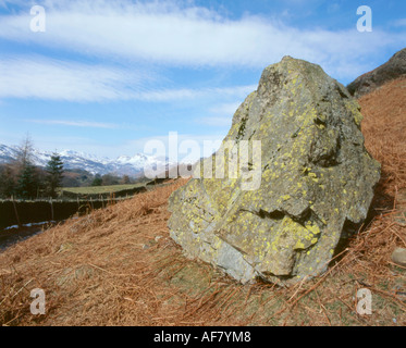 Rocher à côté de Loughrigg Fell, regardant vers Langdale Pikes, Lake District, United Kingdom. Banque D'Images