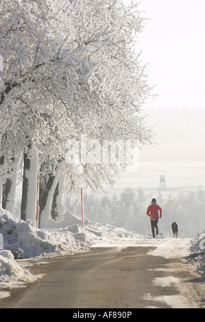 Homme jogger avec chien en hiver, Haute Autriche Banque D'Images