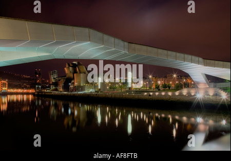 Musée Guggenheim de nuit vue de dessous Puente Bilbao Pedro Arrupe Banque D'Images