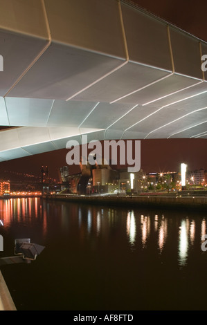 Musée Guggenheim Bilbao la nuit vue de dessous Puente Pedro Arrupe Banque D'Images