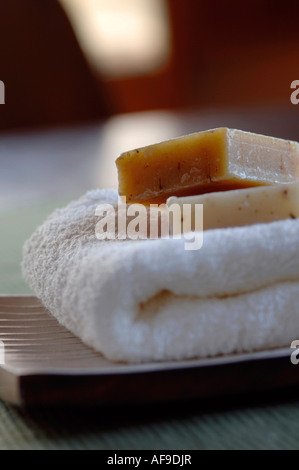 Du savon sur une serviette, close-up Banque D'Images