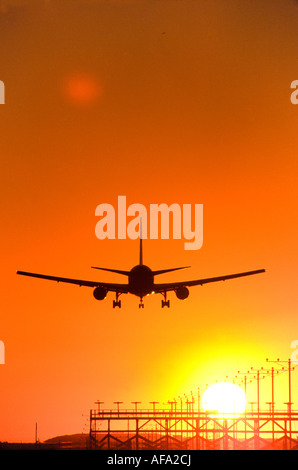 Avion de l'atterrissage au coucher du soleil Banque D'Images