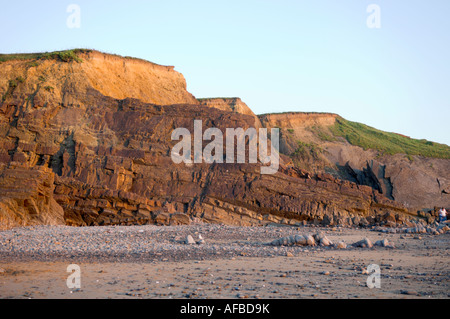 Cliffs montrant enclin strates géologiques Northcott bouche beach North Cornwall west country près de Bude Angleterre Banque D'Images