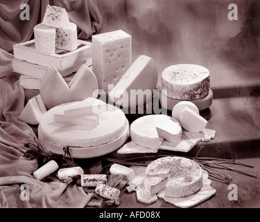 Les fromages français dans le groupe photographie sépia tonique sur fond marbré. Format horizontal, studio d'examen. Image classique. Banque D'Images