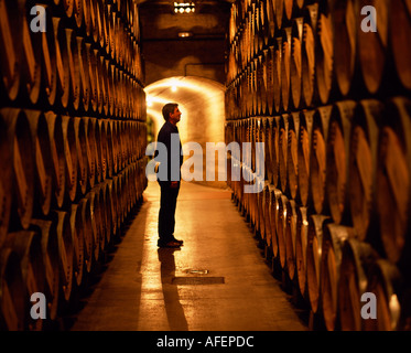 Le contremaître des travaux publics inspecte les barils de vin Rioja dans les caves souterraines à Muga winery Haro La Rioja Espagne Banque D'Images