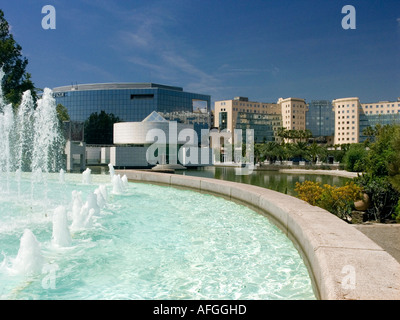 Le Musée d'Art Asiatique sur un lac artificiel avec des fontaines à côté Parc Phoenix, le jardin botanique de Nice, France Banque D'Images