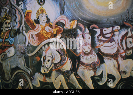 Krishna conduisant un chariot à quatre chevaux, quatre symbolisant les quatre vedas. Le char a été donné à Arjuna par Agni, Dieu du feu. Banque D'Images
