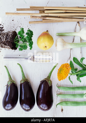 Les légumes bio, herbes, fruits et fleurs Banque D'Images