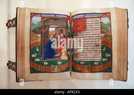 Un livre manuscrit médiéval en latin avec illustration représentant le Naissance de Jésus Banque D'Images