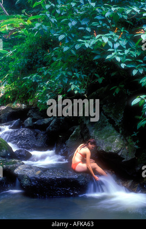 Femme assise au ruisseau dans la forêt tropicale El Yunque Puerto Rico Caribbean Model Photo Parution Banque D'Images