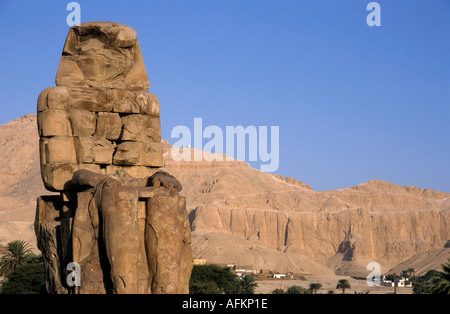 L'un des deux colosses de Memnon statues géantes du pharaon Amenhotep III à Louxor, Egypte Banque D'Images