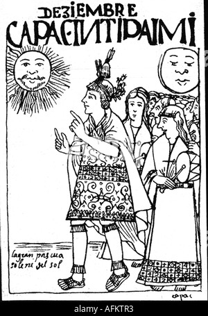 Géographie/voyage, Pérou, gens, incas célébrant le solstice d'été, gravure, 'Nueva coronica y buen gobierno' par Felipe Guaman Poma de Ayala, vers 1613, Amérique du Sud, soleil, soleil Ingod Inti, Inti Raymi, dieu, religion, rite, festivité, indiens, inca, Banque D'Images