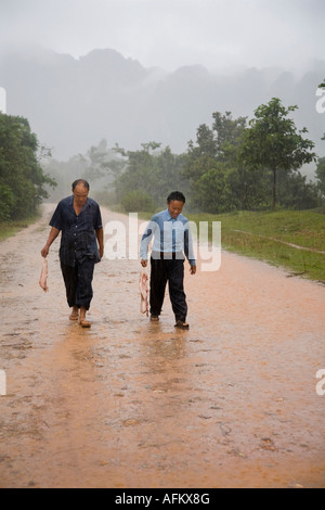 Les travailleurs à pied à travers la pluie près de Ban Na Thong village, Vang Vieng. Le Laos. Banque D'Images