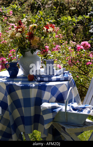 Fleurs en pot blanc sur bleu et blanc tissu vérifié sur la table en face de roses roses dans son jardin d'été Banque D'Images