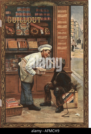 Carte postale publicitaire pour biscuits Guillout vers 1910 montrant le balayage de cheminée et un assistant d'atelier Banque D'Images