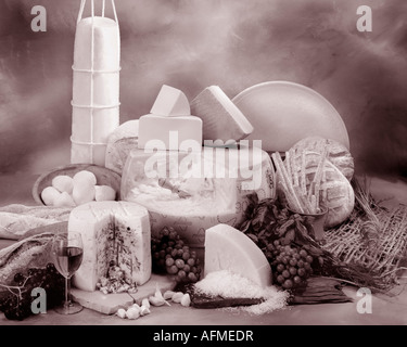 Fromages Italiens dans le groupe photographie sépia sur fond marbré aux teintes chaleureuses. format horizontal, studio d'examen. Image classique. Banque D'Images