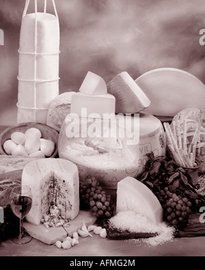 Fromages Italiens dans le groupe photographie sépia sur fond marbré aux teintes chaleureuses. Format vertical, studio d'examen. Image classique. Banque D'Images