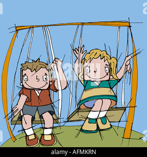 Garçon et une fille se balançant Banque D'Images