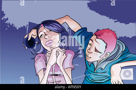 Fille d'écouter de la musique avec un garçon Banque D'Images