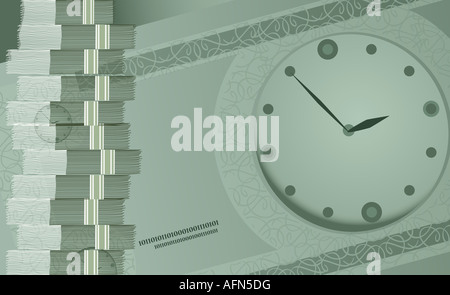 Pile de papier à côté de l'argent une horloge murale Banque D'Images