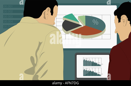Deux hommes debout devant des graphiques Banque D'Images