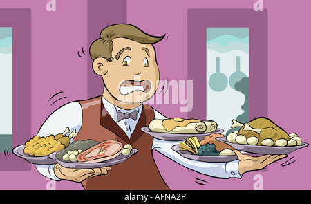 Jeune homme tenant la viande de plaques Banque D'Images