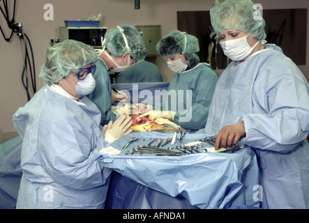 Les médecins dans une salle d'opération effectuer une césarienne sur une femme enceinte Banque D'Images