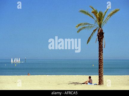 La Platja de la Barceloneta Beach dans le centre de Barcelone, Espagne, est un lieu de rencontre populaire pour les Barcelonais et les touristes. Banque D'Images