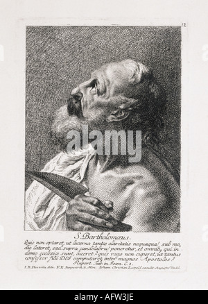 Bartholomew, + vers 51, Apôtre, Saint, portrait, gravure de Johann Christian Leopold, Augsbourg, 18ème siècle, religion, christianisme, Saints, martyr, couteau, , Banque D'Images