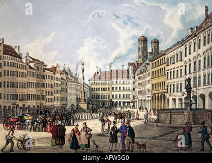 Géographie/voyage, Allemagne, villes, Munich, places, Marienplatz avec colonne Saint Mary's, aquarelle, première moitié du XIXe siècle, historique, historique, beaux-arts, Europe, Bavière, place, monument, monuments, Marie, peuple, Banque D'Images