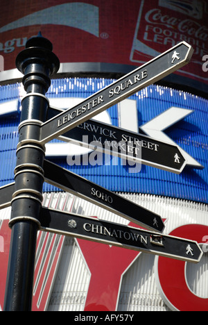 Signalisation pour piétons contre annonces dans Piccadilly Circus London England Banque D'Images