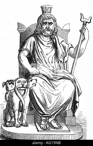 Serapis, dieu égyptien, pleine longueur, gravure, 19ème siècle, trône, Egypte, religion, antiquité, monde antique, mythologie, Kerberos, Cerberus, , Banque D'Images