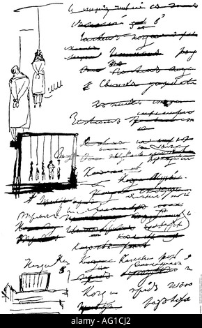 Pushkin, Aleksandr Sergeyevich, 26.5.1799 - 29.1.1837, auteur/écrivain russe, œuvres, poème 'Poltava', 1829, manuscrit, dessin de décombres pendus, , Banque D'Images