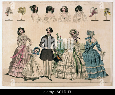 Mode, XIXe siècle, mode féminine, mode parisienne, mère avec deux enfants, gravure, 1847, 'mode de Paris', , Banque D'Images