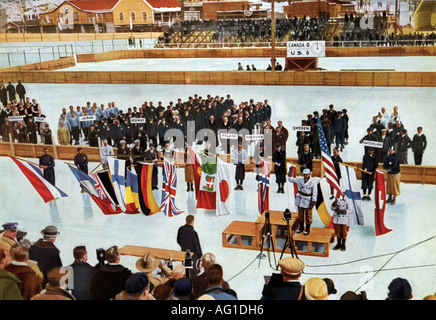 Sports, Jeux Olympiques, Lake Placid, 1932, Iii Jeux Olympiques D'Hiver, 4.2. - 13.2.1932, cérémonie d'ouverture, patineur de vitesse John Amos 'Jack' Shea parle en présence de l'amiral Richard Evelyn Byrd le serment olympique, James C. Sheffield Speed Skating Rink, 4.2.1932, carte à cigarettes, album "Olympie Spiele 1932", Reemstma Cigaretenfabriken GmbH, Allemagne, 1932, Banque D'Images