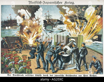 Événements, guerre russo-japonaise 1904 - 1905, Port Arthur, tentative de percée de la flotte russe, 10.8.1904, gravure, Russie, Japon, Manchuria, Asie, XXe siècle, Russo Japonais, historique, historique, peuple, 1900, Banque D'Images