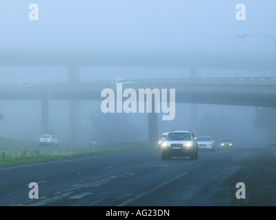 Un brouillard épais couvre la route à voitures tourner sur route pour une meilleure visibilité Banque D'Images