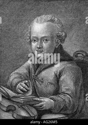 Mozart, Wolfgang Amadeus, 27.1.1756 - 5.12.1791, compositeur autrichien, demi-longueur, comme garçon (13 ans), gravure sur bois, après peinture par Carl Christian Klass, XVIIIe siècle, Banque D'Images