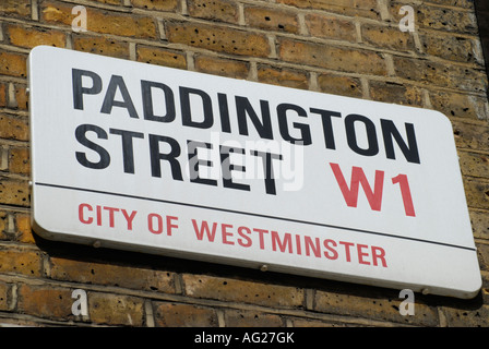 Rue Paddington W1 London City of westminster street sign on wall Banque D'Images