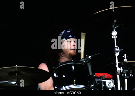 Cody Hanson batteur, entraver, groupe de rock américain Oklahoma City, Télécharger Rock Festival à Donnington Park, Leicestershire, Austin Winkler chant, Joe Garvey de la soufflante, guitare (spikey cheveux blonds), Mike Rodden basse, Mark King guitariste, Cody Hanson batteur, 8e 10 juin 2007 Banque D'Images