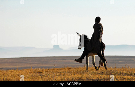 Les Basothos homme enveloppé dans une couverture épaisse pour garder hors amèrement froid au Lesotho, Afrique ; équitation donkeynear montagnes Maluti Banque D'Images