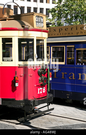 Les trams historiques dans le centre-ville de Christchurch, Nouvelle-Zélande Banque D'Images