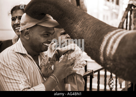 ARF79259 Un éléphant bénit une famille dans une rue à Bangalore Inde Banque D'Images