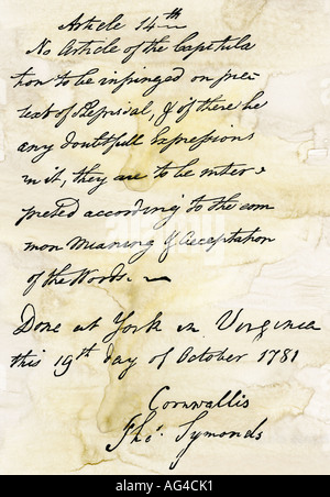 Le document de capitulation de Lord Cornwallis à Yorktown le Général George Washington 1781. Gravure sur bois avec un lavage à l'aquarelle Banque D'Images