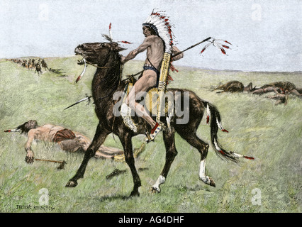 Native American Warrior coup de comptage sur le corps de l'ennemi sur les Grandes Plaines du nord. À la main, gravure sur bois, d'une illustration Frederic Remington Banque D'Images